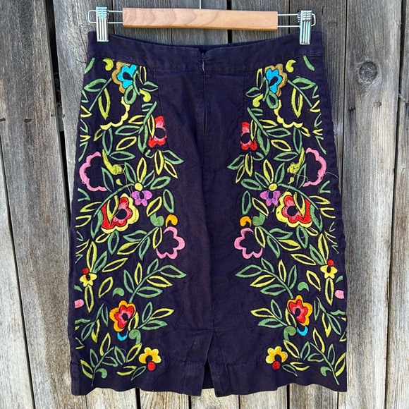 Moulinette Soeurs Floral Embroidered Linen Pencil Skirt Blue 2 - Picture 8 of 15